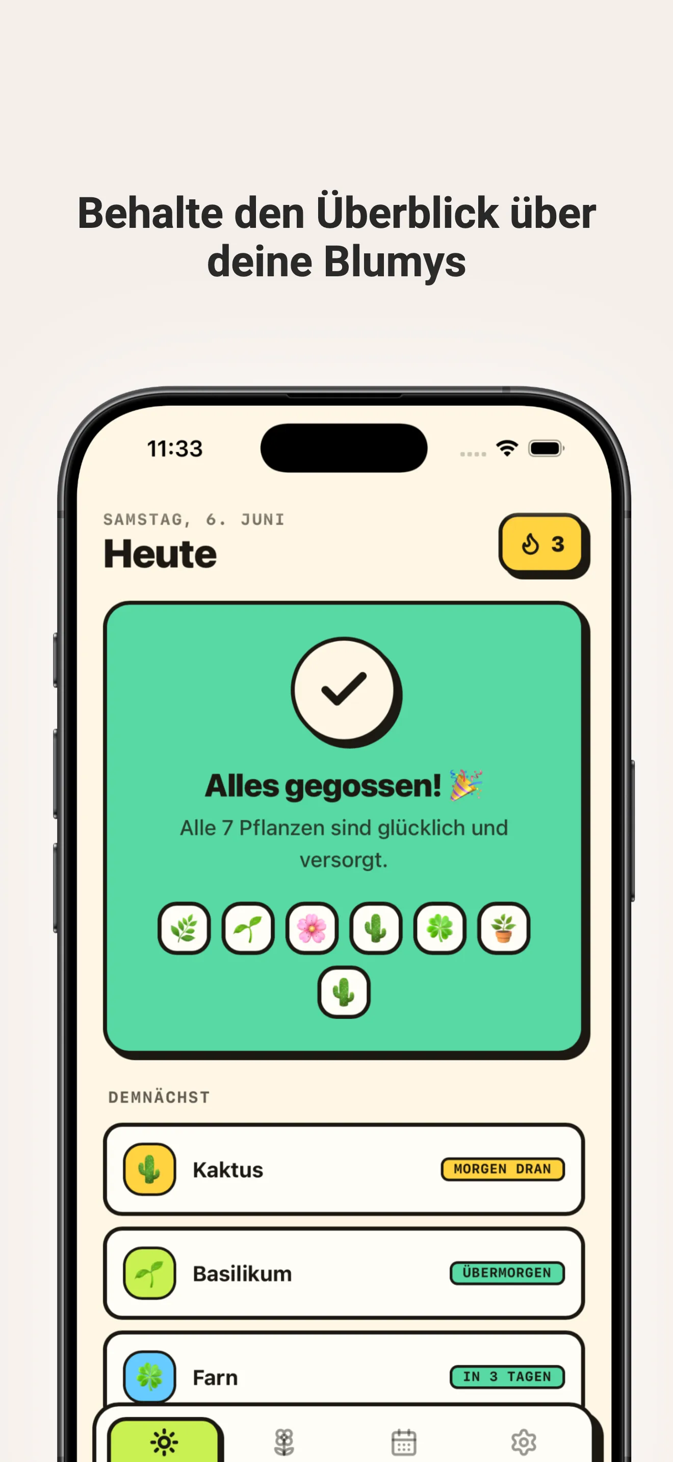 Blumy „Heute"-Übersicht – alle Pflanzen versorgt