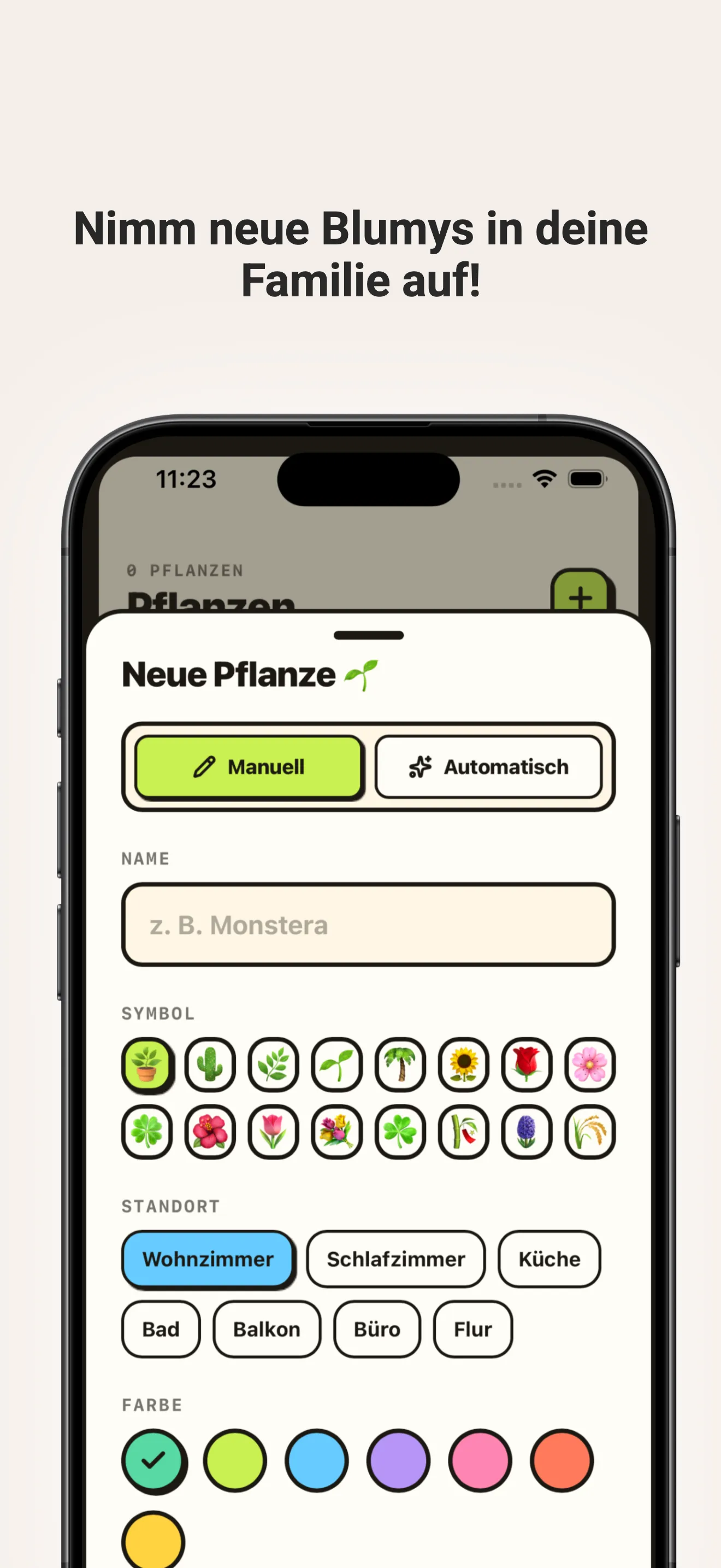 Neue Pflanze anlegen mit Name, Symbol und Standort